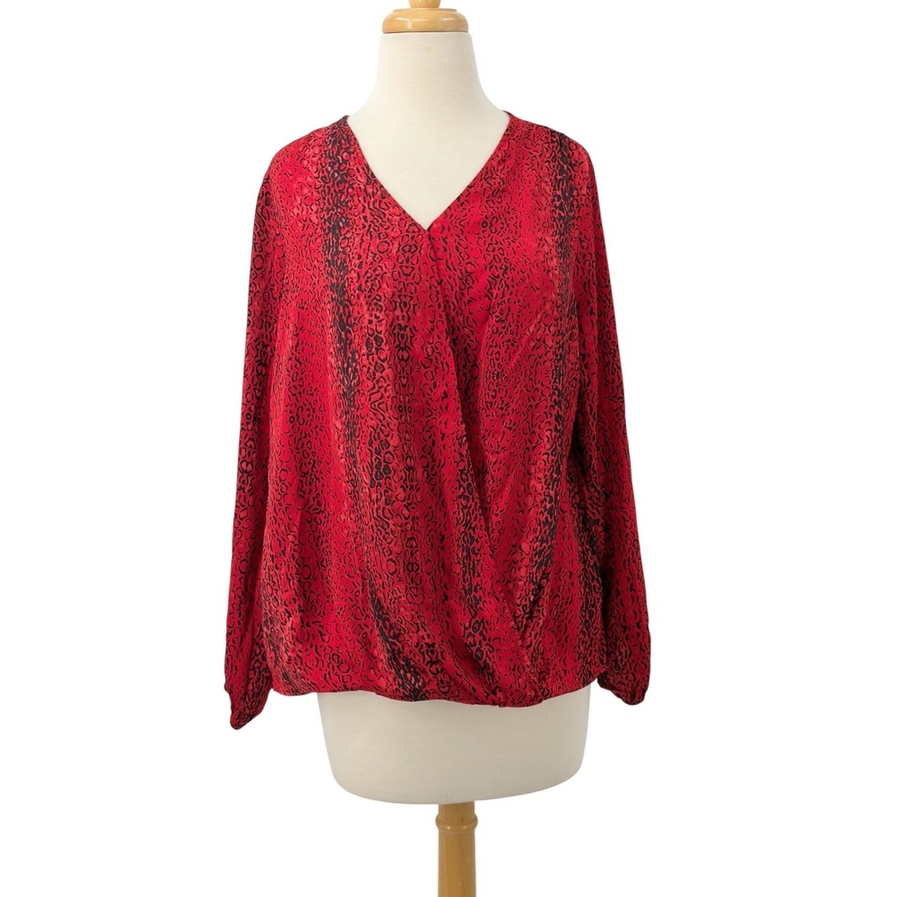 C EST. 1946 Womens Red Black Leopard Print Surplice Faux Wrap Blouse Size S NWT